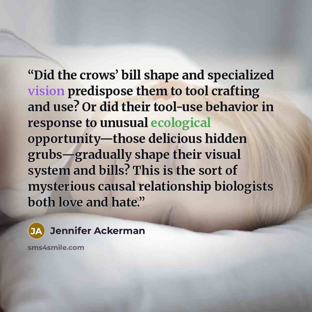 “Did the crows’ bill shape and specialized vision predispose them to tool crafting and use? Or did their tool-use behavior in response to unusual ecological opportunity—those delicious hidden grubs—gradually shape their visual system and bills? This is the sort of mysterious causal relationship…” quote by Jennifer Ackerman