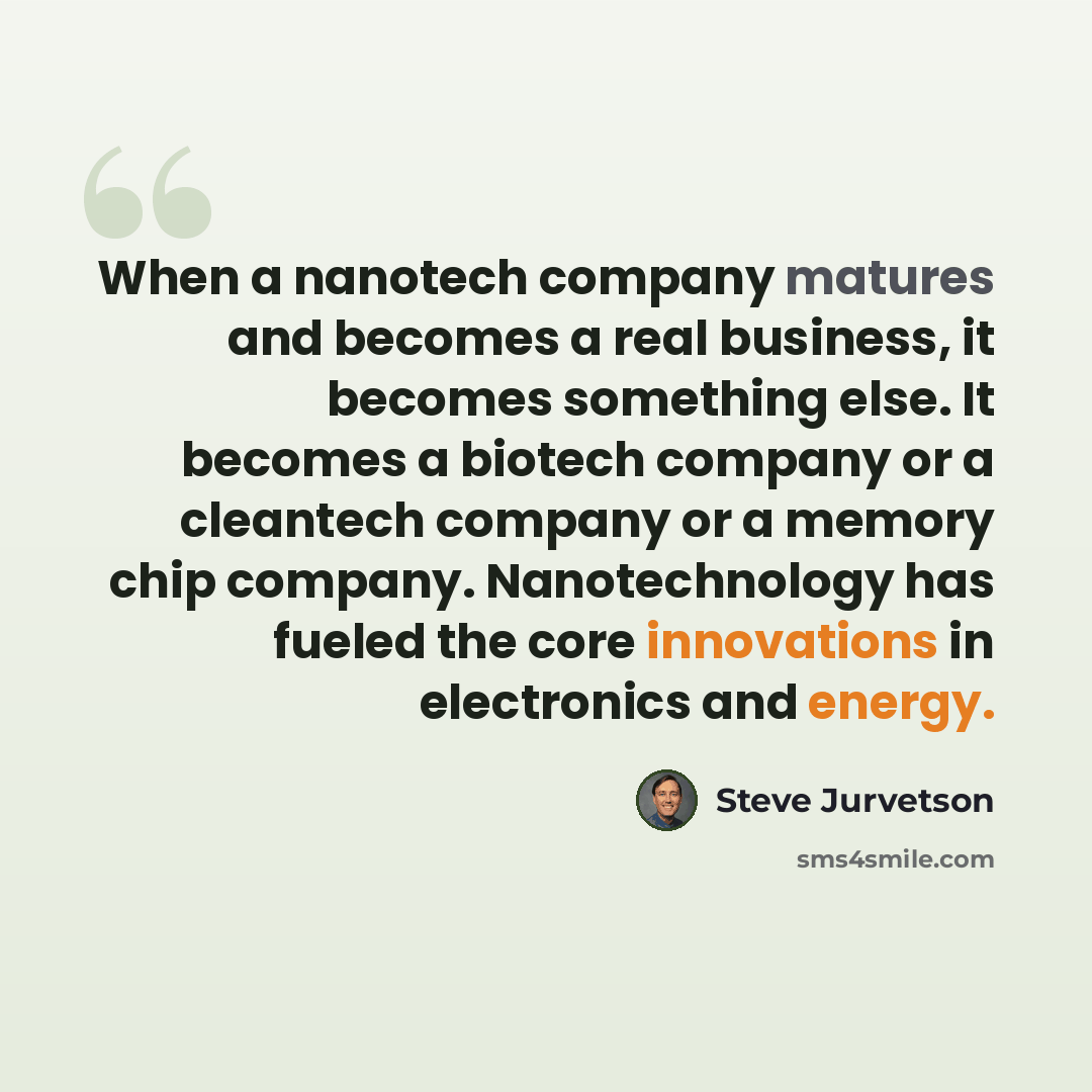 “When a nanotech company matures and becomes a real business, it becomes something else. It becomes a biotech company or a cleantech company or a memory chip company. Nanotechnology has fueled the core innovations in electronics and energy.” quote by Steve Jurvetson