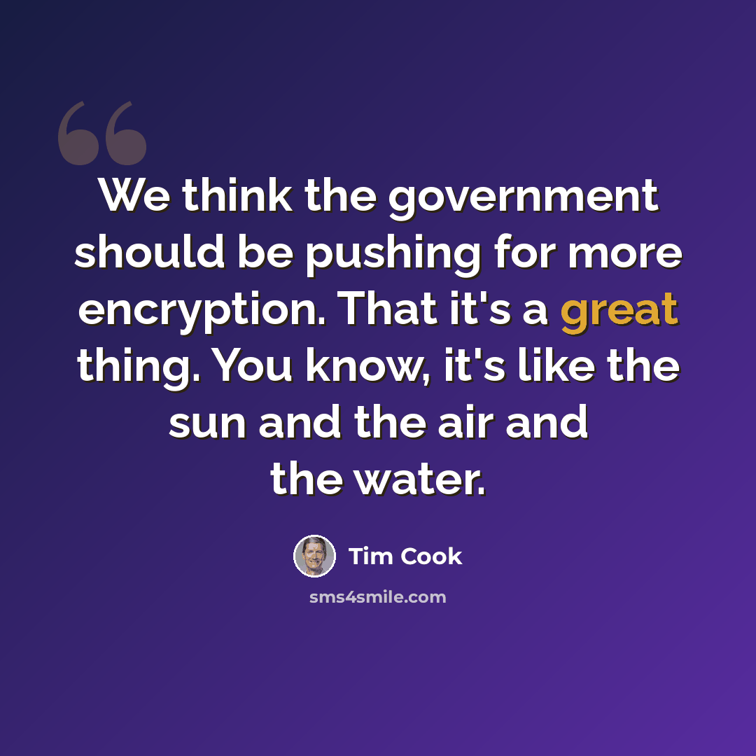“We think the government should be pushing for more encryption. That it's a great thing. You know, it's like the sun and the air and the water.” quote by Tim Cook