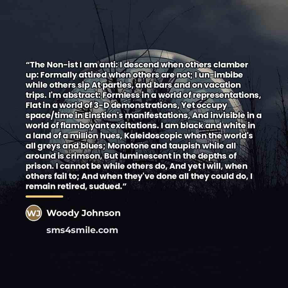 “The Non-ist I am anti: I descend when others clamber up: Formally attired when others are not; I un-imbibe while others sip At parties, and bars and on vacation trips. I'm abstract: Formless in a world of representations, Flat in a world of 3-D demonstrations, Yet occupy space/time in Einstien's…” quote by Woody Johnson