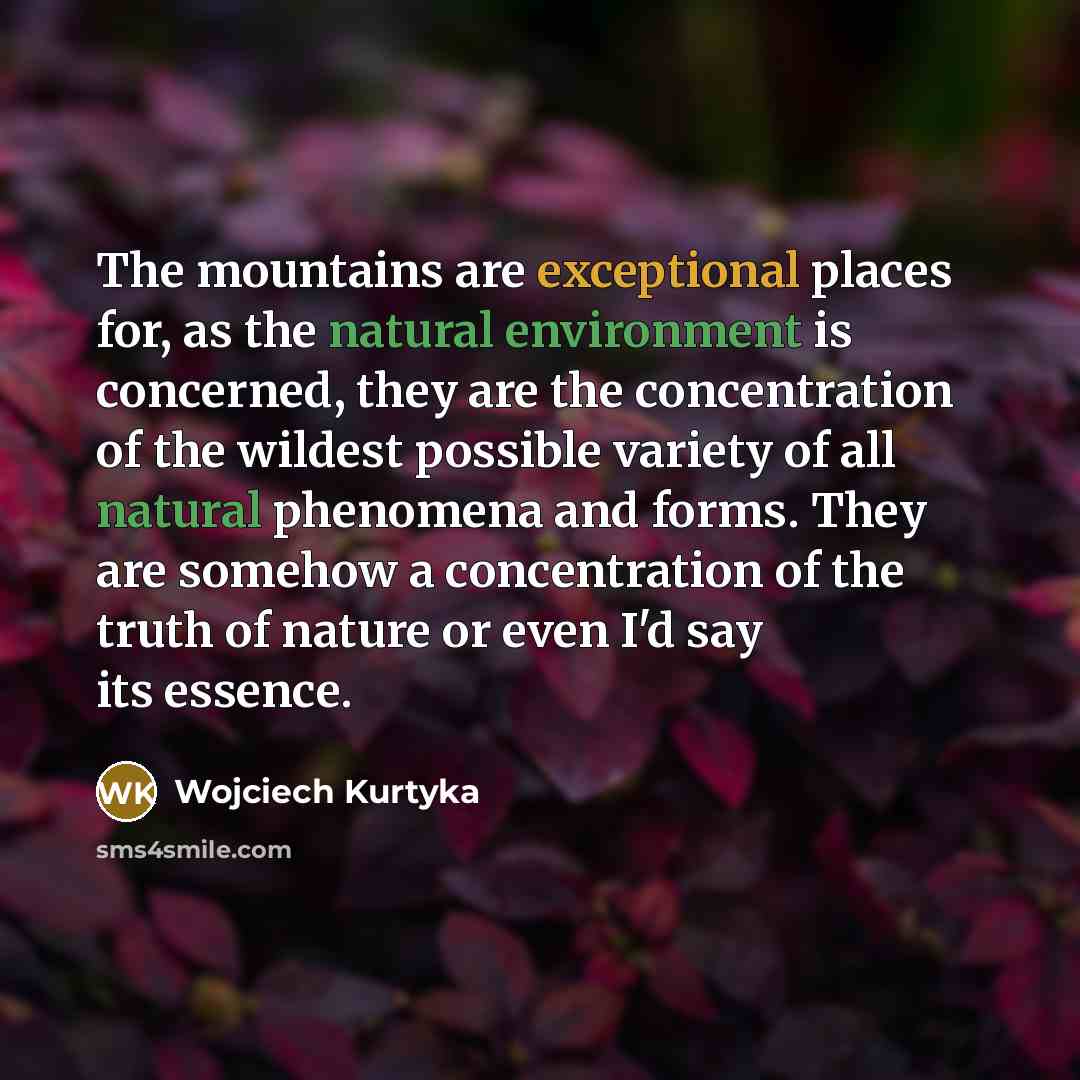 “The mountains are exceptional places for, as the natural environment is concerned, they are the concentration of the wildest possible variety of all natural phenomena and forms. They are somehow a concentration of the truth of nature or even I'd say its essence.” quote by Wojciech Kurtyka