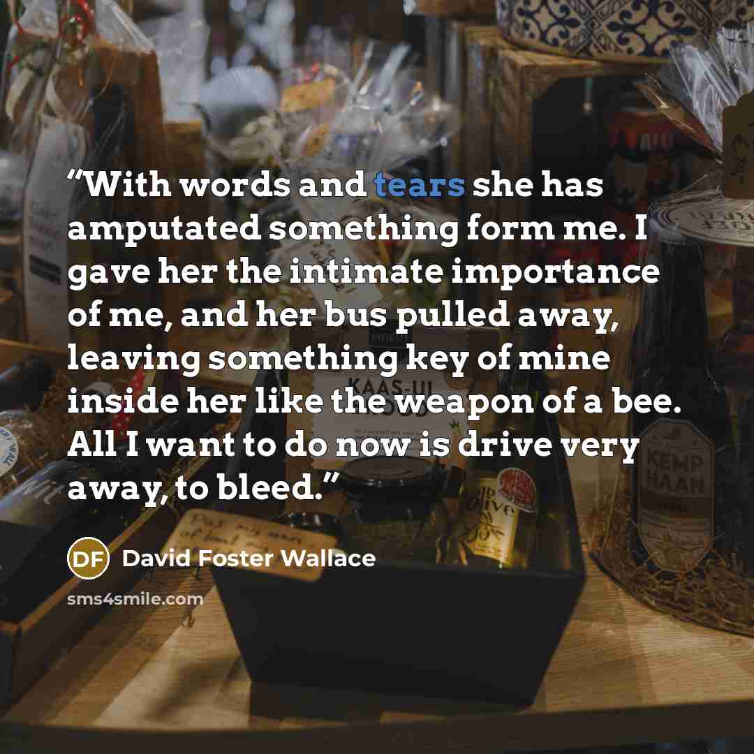 “With words and tears she has amputated something form me. I gave her the intimate importance of me, and her bus pulled away, leaving something key of mine inside her like the weapon of a bee. All I want to do now is drive very away, to bleed.” quote by David Foster Wallace
