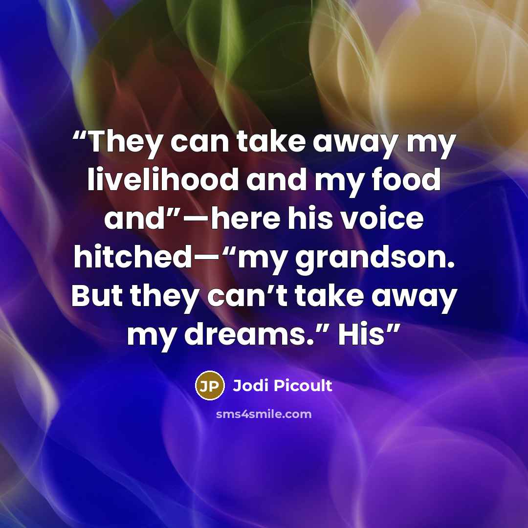 “They can take away my livelihood and my food and”—here his voice hitched—“my grandson. But they can’t take away my dreams.” His” quote by Jodi Picoult