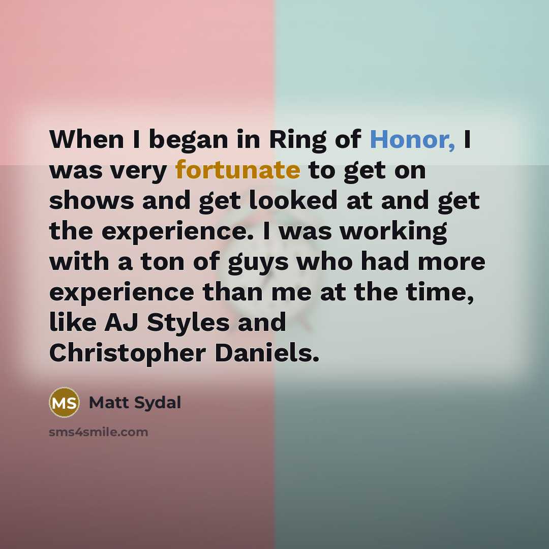 “When I began in Ring of Honor, I was very fortunate to get on shows and get looked at and get the experience. I was working with a ton of guys who had more experience than me at the time, like AJ Styles and Christopher Daniels.” quote by Matt Sydal
