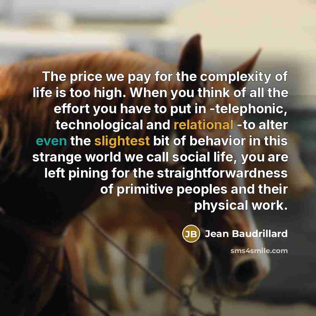 “The price we pay for the complexity of life is too high. When you think of all the effort you have to put in -telephonic, technological and relational -to alter even the slightest bit of behavior in this strange world we call social life, you are left pining for the straightforwardness of…” quote by Jean Baudrillard