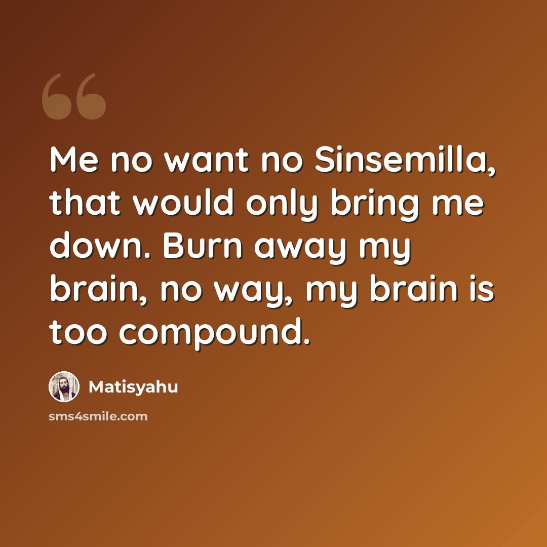 “Me no want no Sinsemilla, that would only bring me down. Burn away my brain, no way, my brain is too compound.” quote by Matisyahu