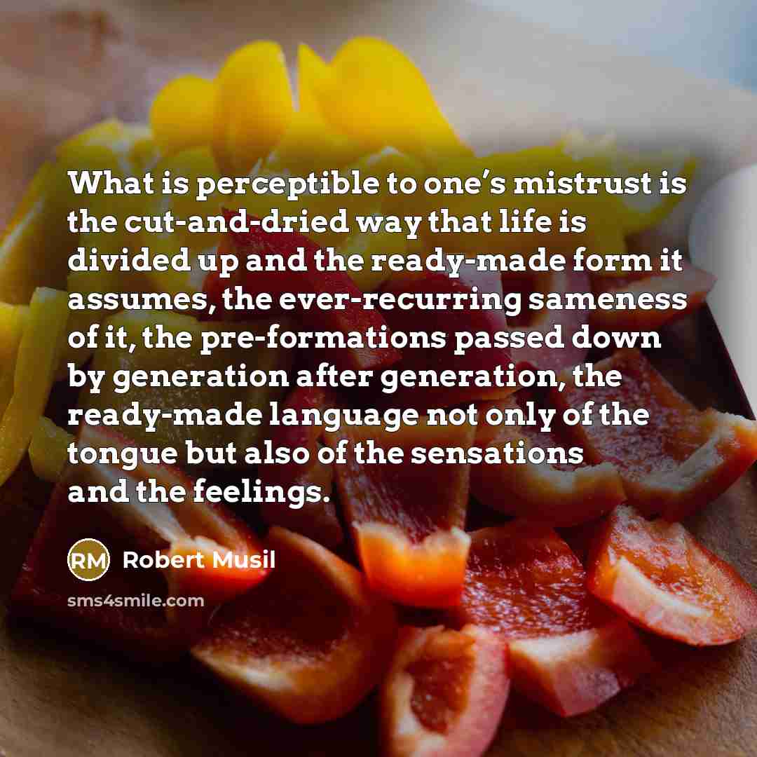 “What is perceptible to one’s mistrust is the cut-and-dried way that life is divided up and the ready-made form it assumes, the ever-recurring sameness of it, the pre-formations passed down by generation after generation, the ready-made language not only of the tongue but also of the sensations and…” quote by Robert Musil
