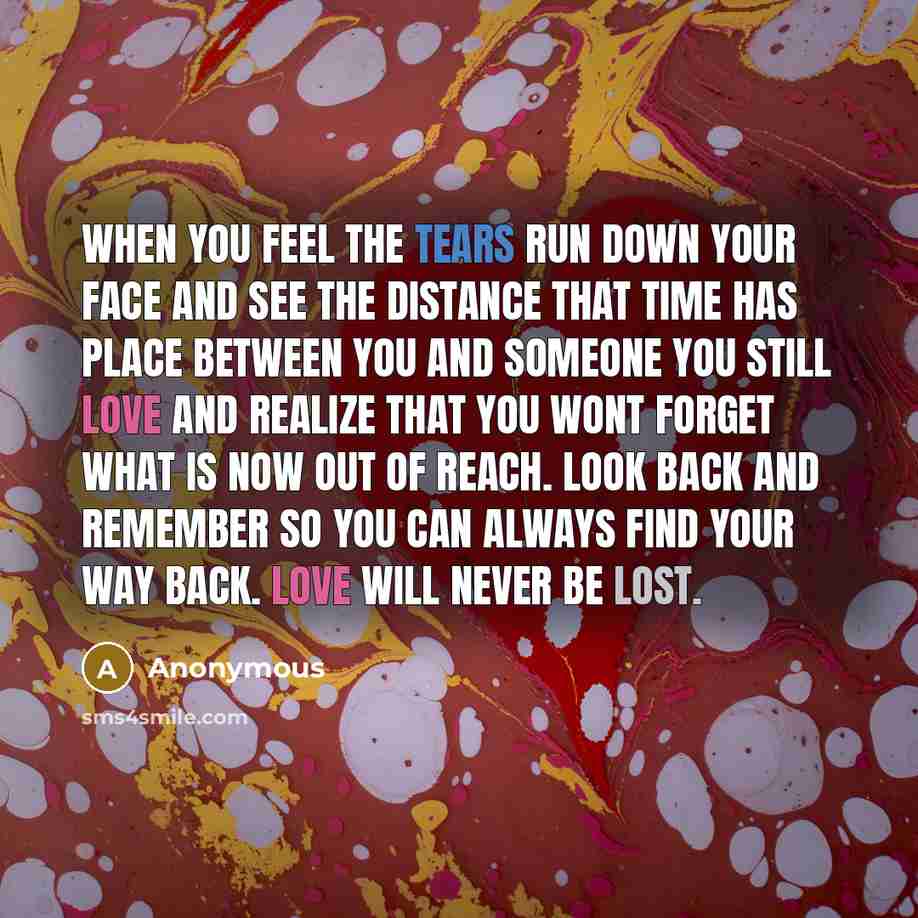 “When you feel the tears run down your face and see the distance that time has place between you and someone you still love and realize that you wont forget what is now out of reach. Look back and remember so you can always find your way back. Love will never be lost.” quote by Anonymous