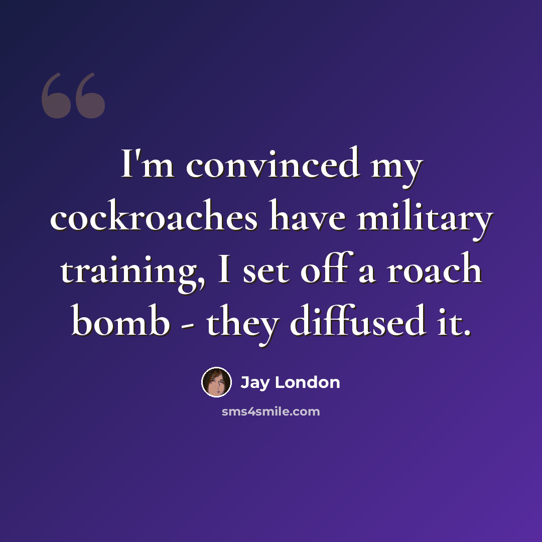 “I'm convinced my cockroaches have military training, I set off a roach bomb - they diffused it.” quote by Jay London