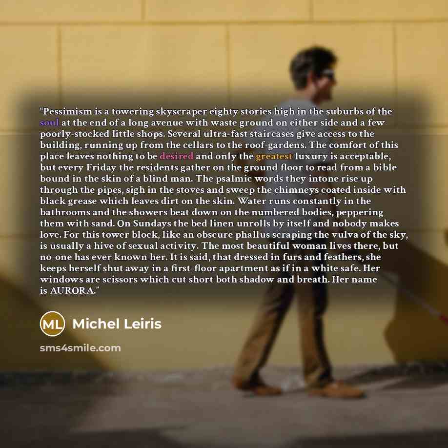“Pessimism is a towering skyscraper eighty stories high in the suburbs of the soul at the end of a long avenue with waste ground on either side and a few poorly-stocked little shops. Several ultra-fast staircases give access to the building, running up from the cellars to the roof-gardens. The…” quote by Michel Leiris