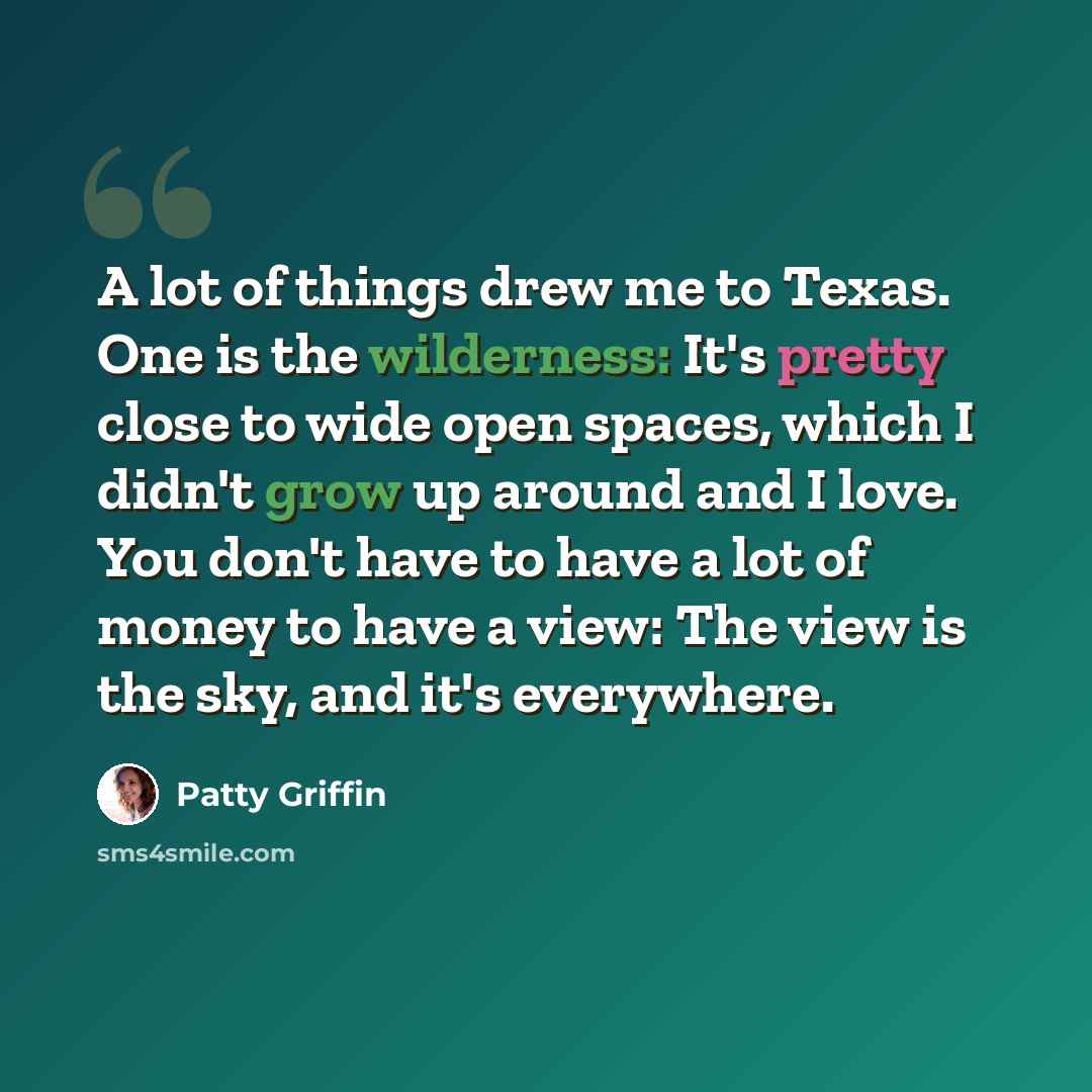 “A lot of things drew me to Texas. One is the wilderness: It's pretty close to wide open spaces, which I didn't grow up around and I love. You don't have to have a lot of money to have a view: The view is the sky, and it's everywhere.” quote by Patty Griffin