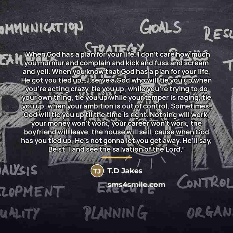 “When God has a plan for your life, I don’t care how much you murmur and complain and kick and fuss and scream and yell. When you know that God has a plan for your life, He got you tied up… I serve a God who will tie you up when you’re acting crazy, tie you up, while you’re trying to do your own…” quote by T.D Jakes