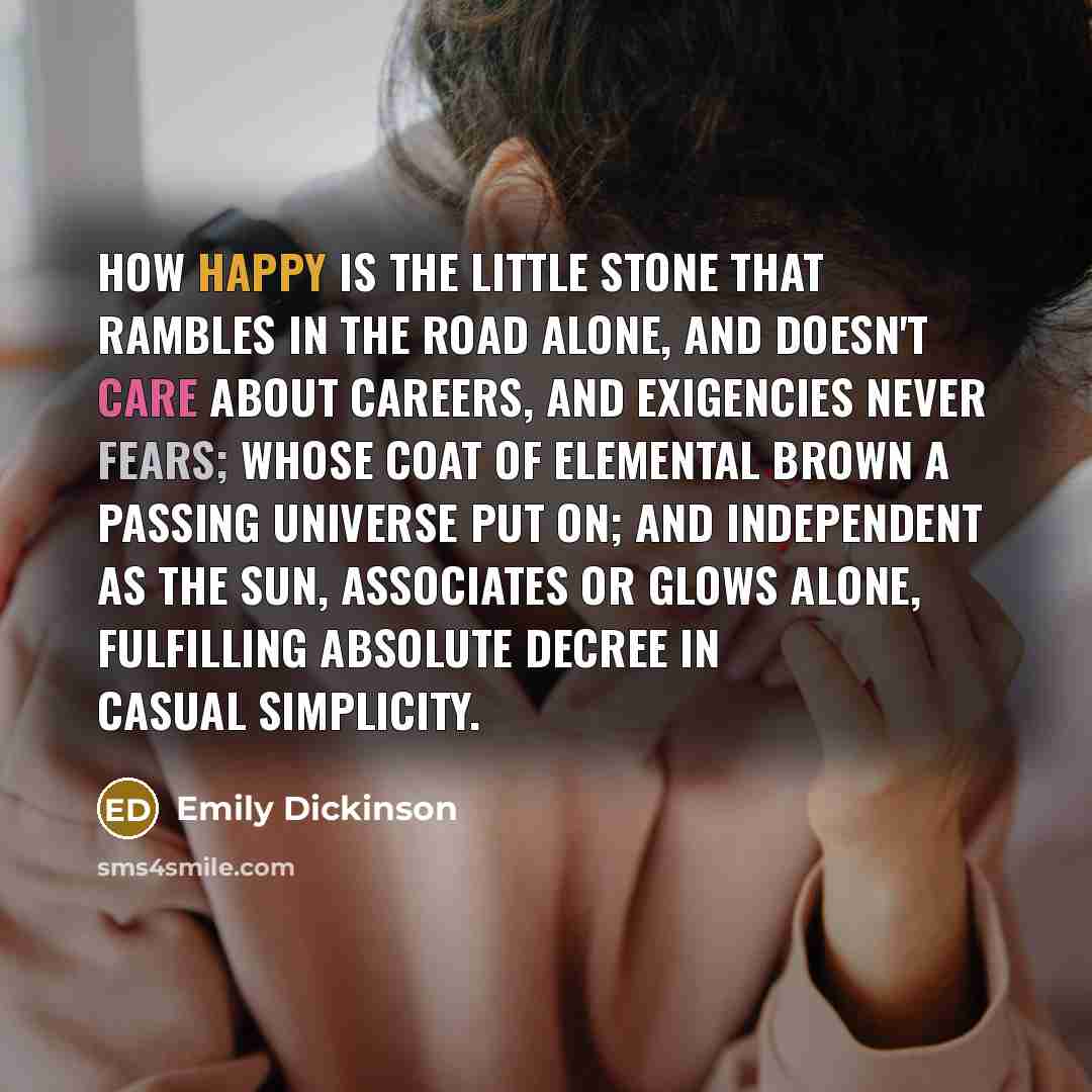 “How happy is the little stone That rambles in the road alone, And doesn't care about careers, And exigencies never fears; Whose coat of elemental brown A passing universe put on; And independent as the sun, Associates or glows alone, Fulfilling absolute decree In casual simplicity.” quote by Emily Dickinson