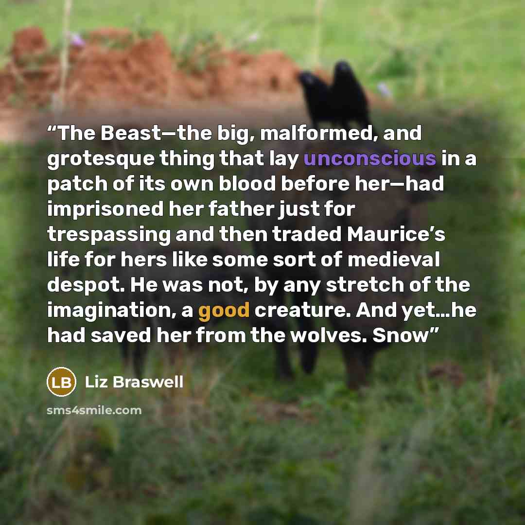 “The Beast—the big, malformed, and grotesque thing that lay unconscious in a patch of its own blood before her—had imprisoned her father just for trespassing and then traded Maurice’s life for hers like some sort of medieval despot. He was not, by any stretch of the imagination, a good creature…” quote by Liz Braswell