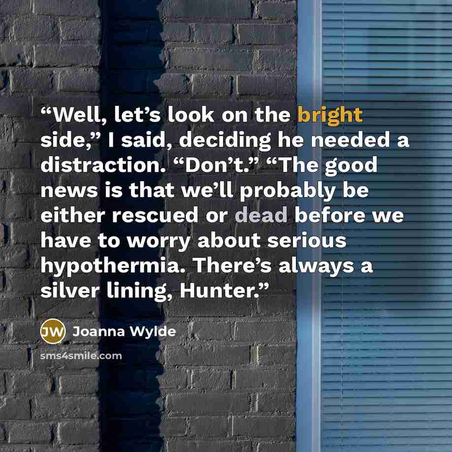 “Well, let’s look on the bright side,” I said, deciding he needed a distraction. “Don’t.” “The good news is that we’ll probably be either rescued or dead before we have to worry about serious hypothermia. There’s always a silver lining, Hunter.” quote by Joanna Wylde