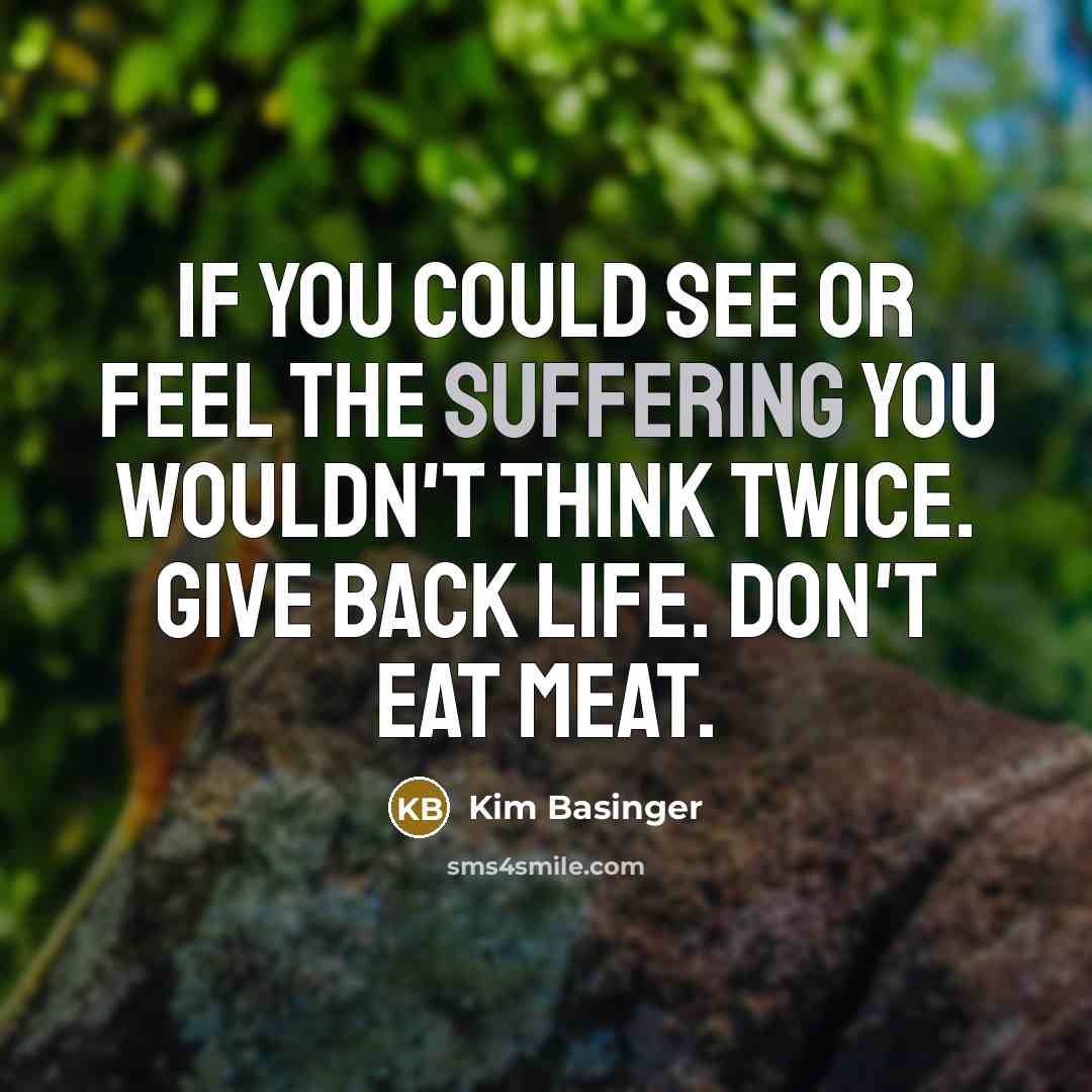 “If you could see or feel the suffering you wouldn't think twice. Give back life. Don't eat meat.” quote by Kim Basinger