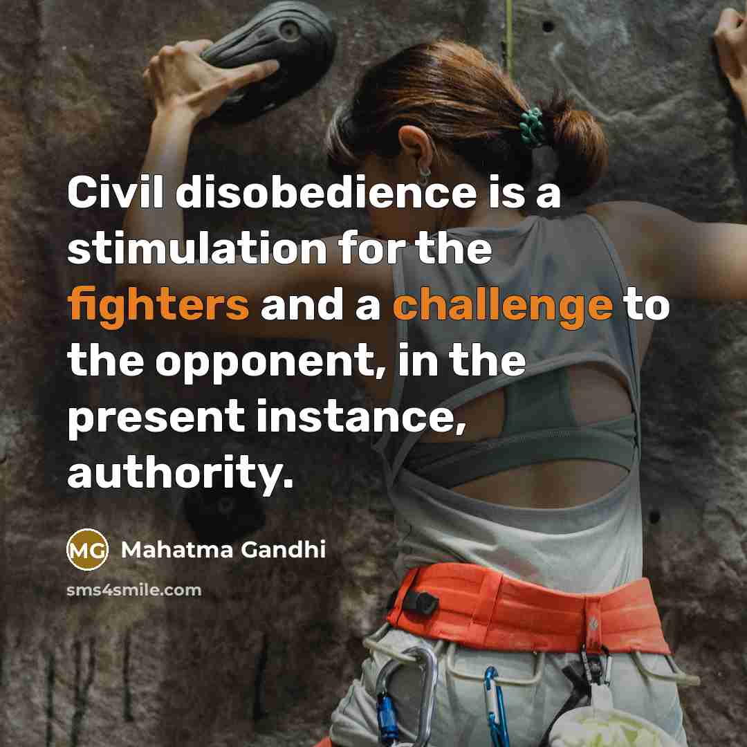 “Civil disobedience is a stimulation for the fighters and a challenge to the opponent, in the present instance, authority.” quote by Mahatma Gandhi