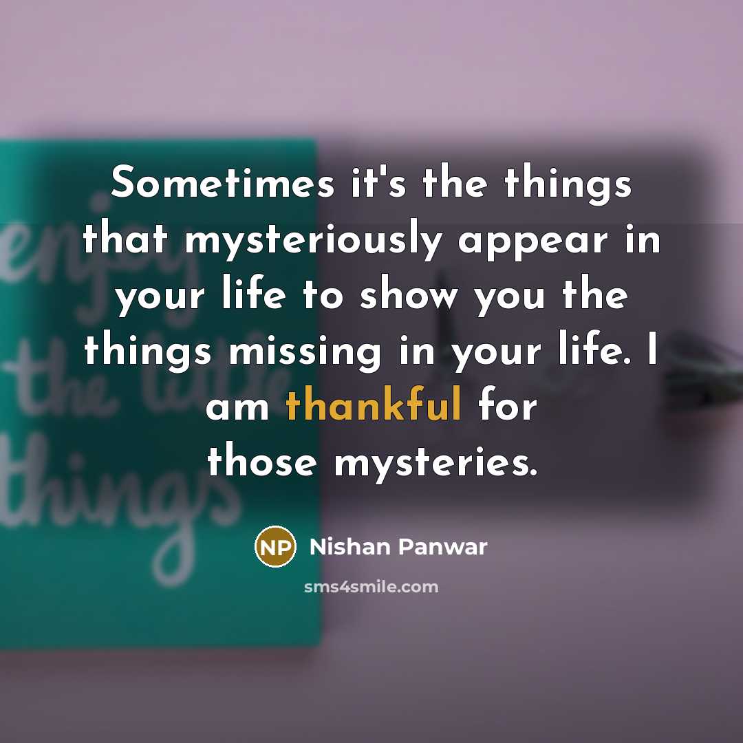 “Sometimes it's the things that mysteriously appear in your life to show you the things missing in your life. I am thankful for those mysteries.” quote by Nishan Panwar