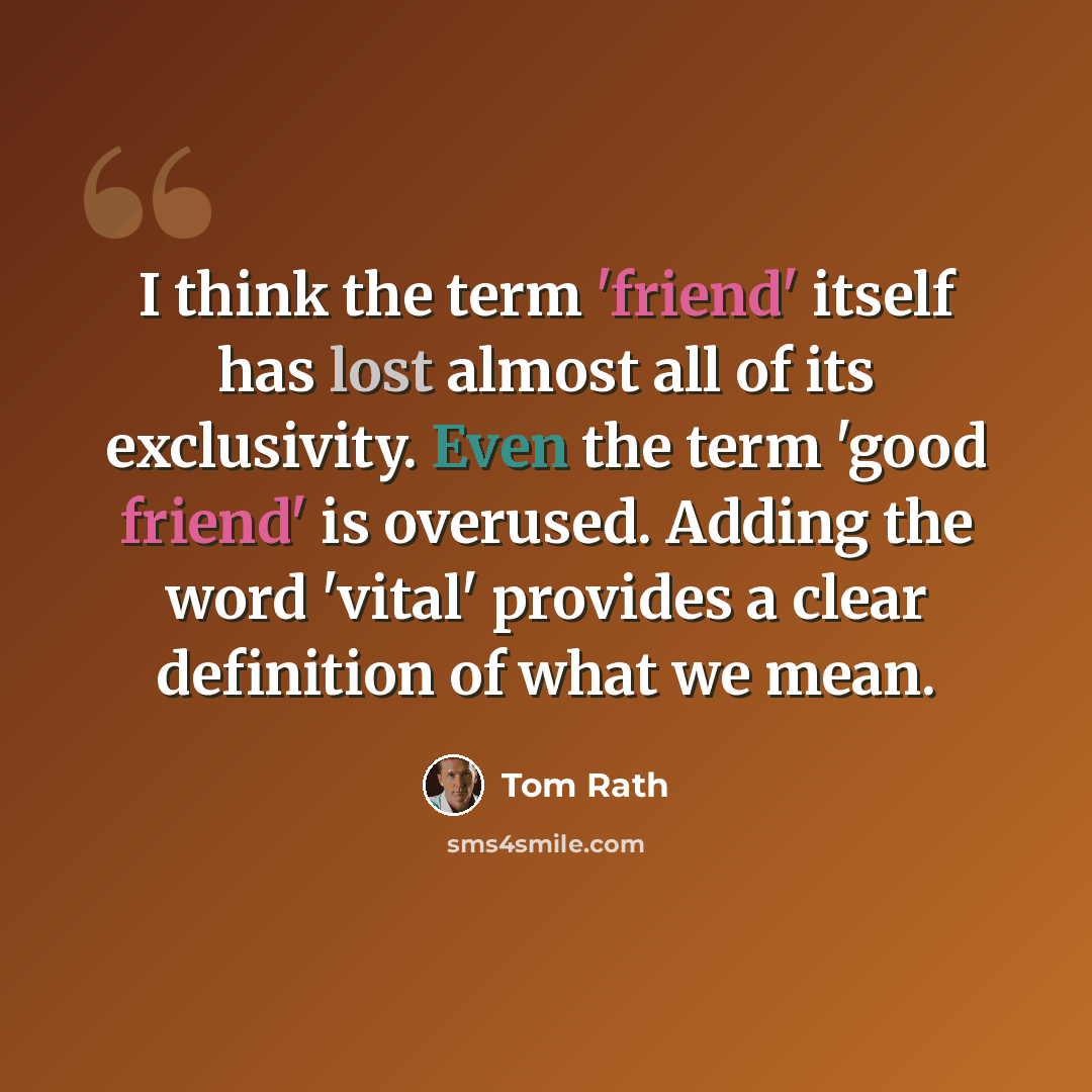“I think the term 'friend' itself has lost almost all of its exclusivity. Even the term 'good friend' is overused. Adding the word 'vital' provides a clear definition of what we mean.” quote by Tom Rath