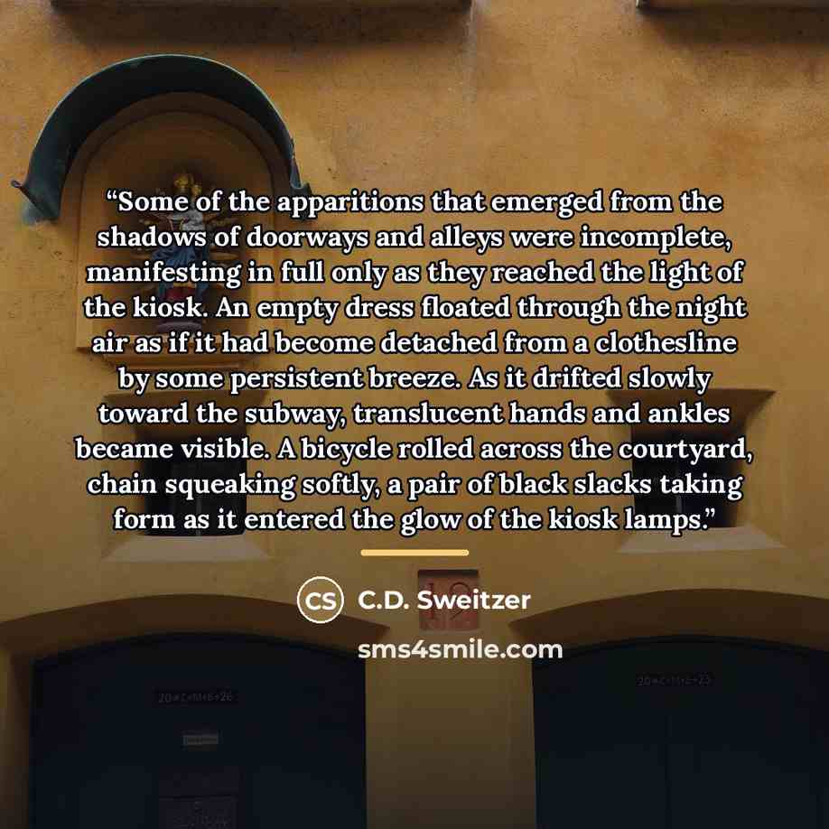 “Some of the apparitions that emerged from the shadows of doorways and alleys were incomplete, manifesting in full only as they reached the light of the kiosk. An empty dress floated through the night air as if it had become detached from a clothesline by some persistent breeze. As it drifted…” quote by C.D. Sweitzer