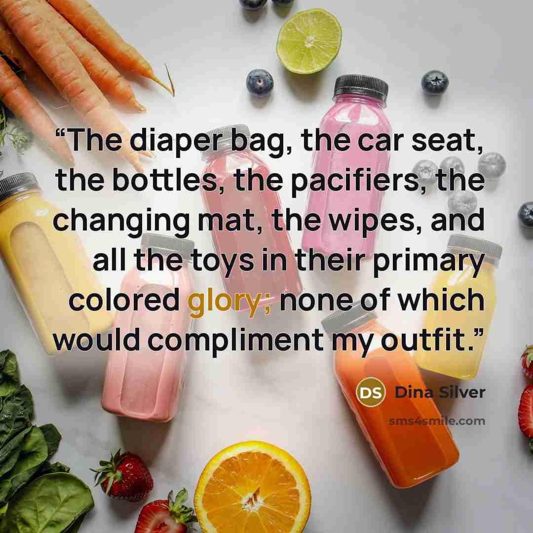 “The diaper bag, the car seat, the bottles, the pacifiers, the changing mat, the wipes, and all the toys in their primary colored glory; none of which would compliment my outfit.” quote by Dina Silver
