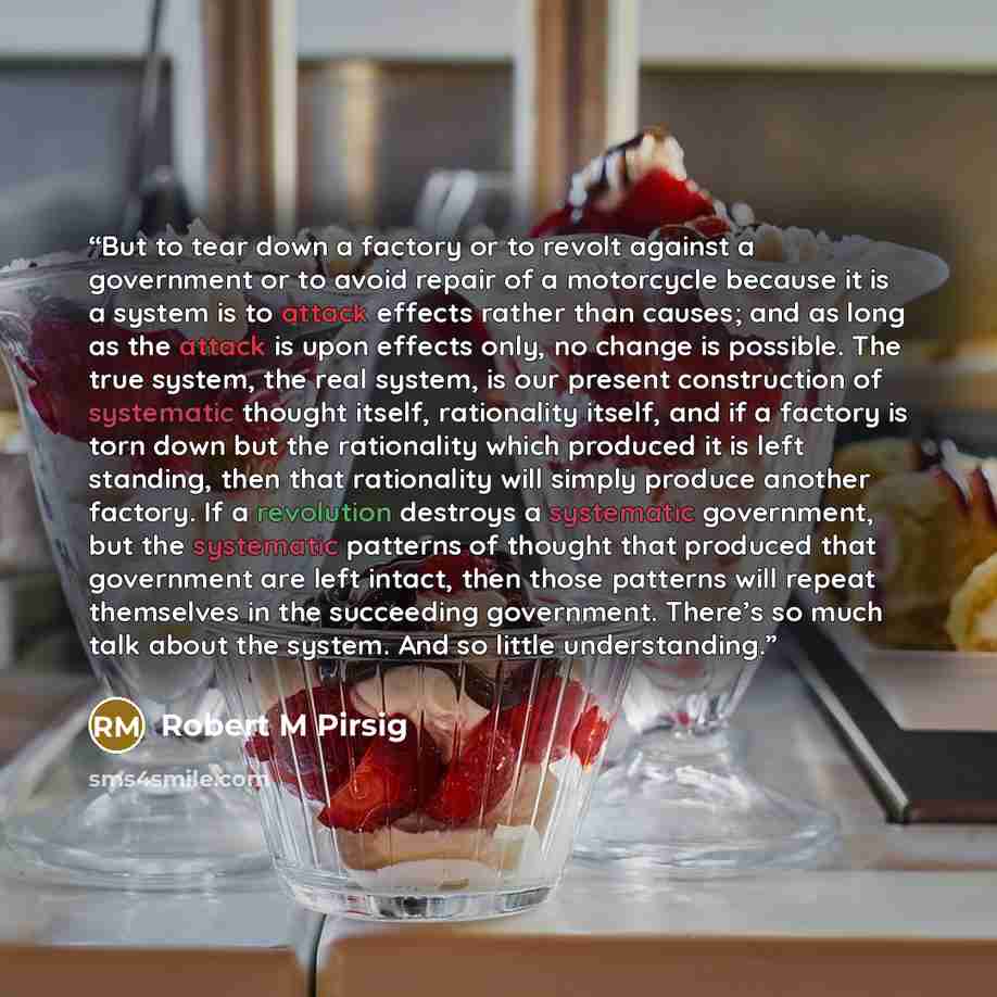 “But to tear down a factory or to revolt against a government or to avoid repair of a motorcycle because it is a system is to attack effects rather than causes; and as long as the attack is upon effects only, no change is possible. The true system, the real system, is our present construction of…” quote by Robert M Pirsig