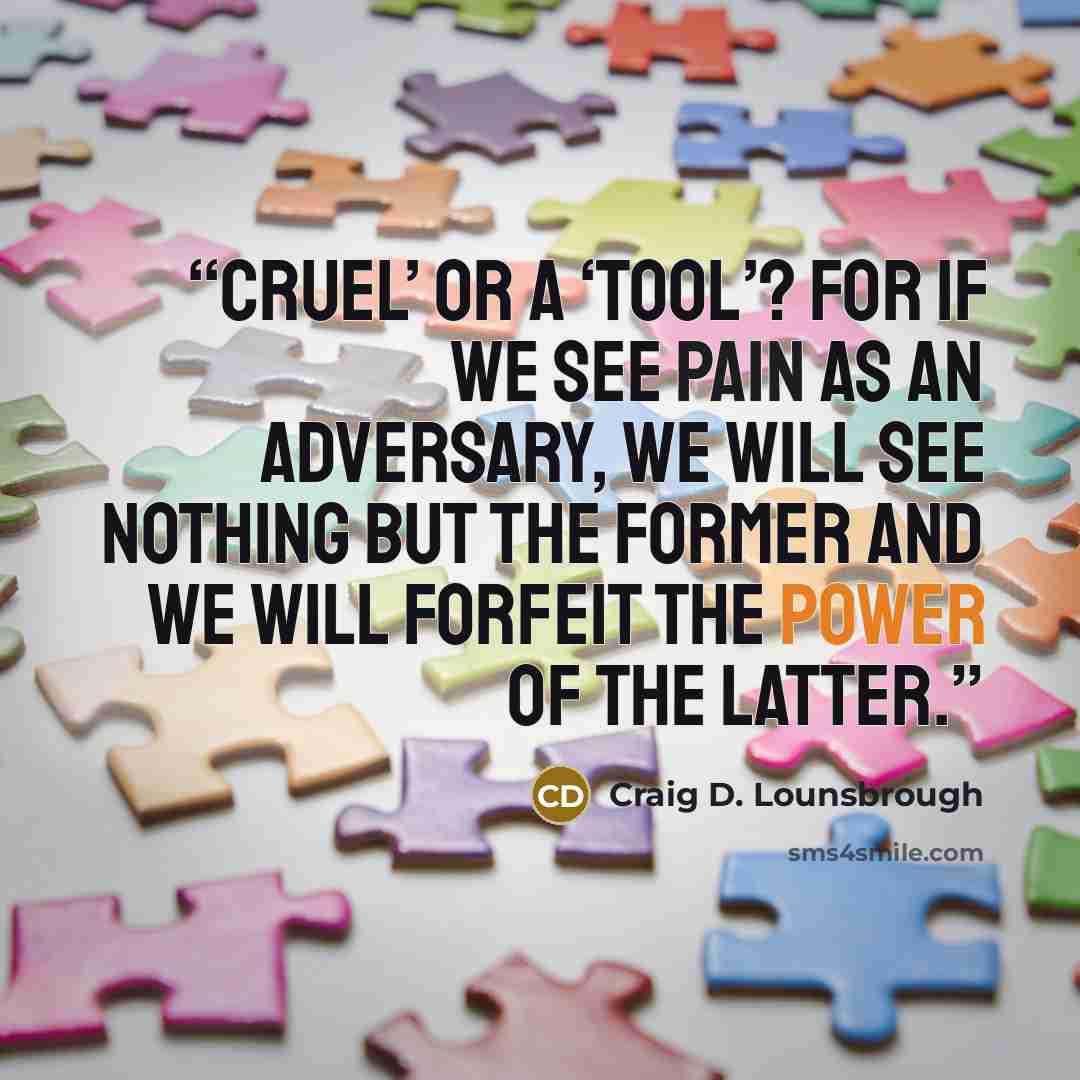 “Cruel’ or a ‘tool’? For if we see pain as an adversary, we will see nothing but the former and we will forfeit the power of the latter.” quote by Craig D. Lounsbrough