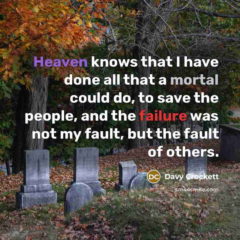 “Heaven knows that I have done all that a mortal could do, to save the people, and the failure was not my fault, but the fault of others.” quote by Davy Crockett