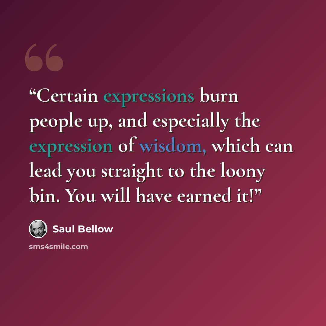 “Certain expressions burn people up, and especially the expression of wisdom, which can lead you straight to the loony bin. You will have earned it!” quote by Saul Bellow