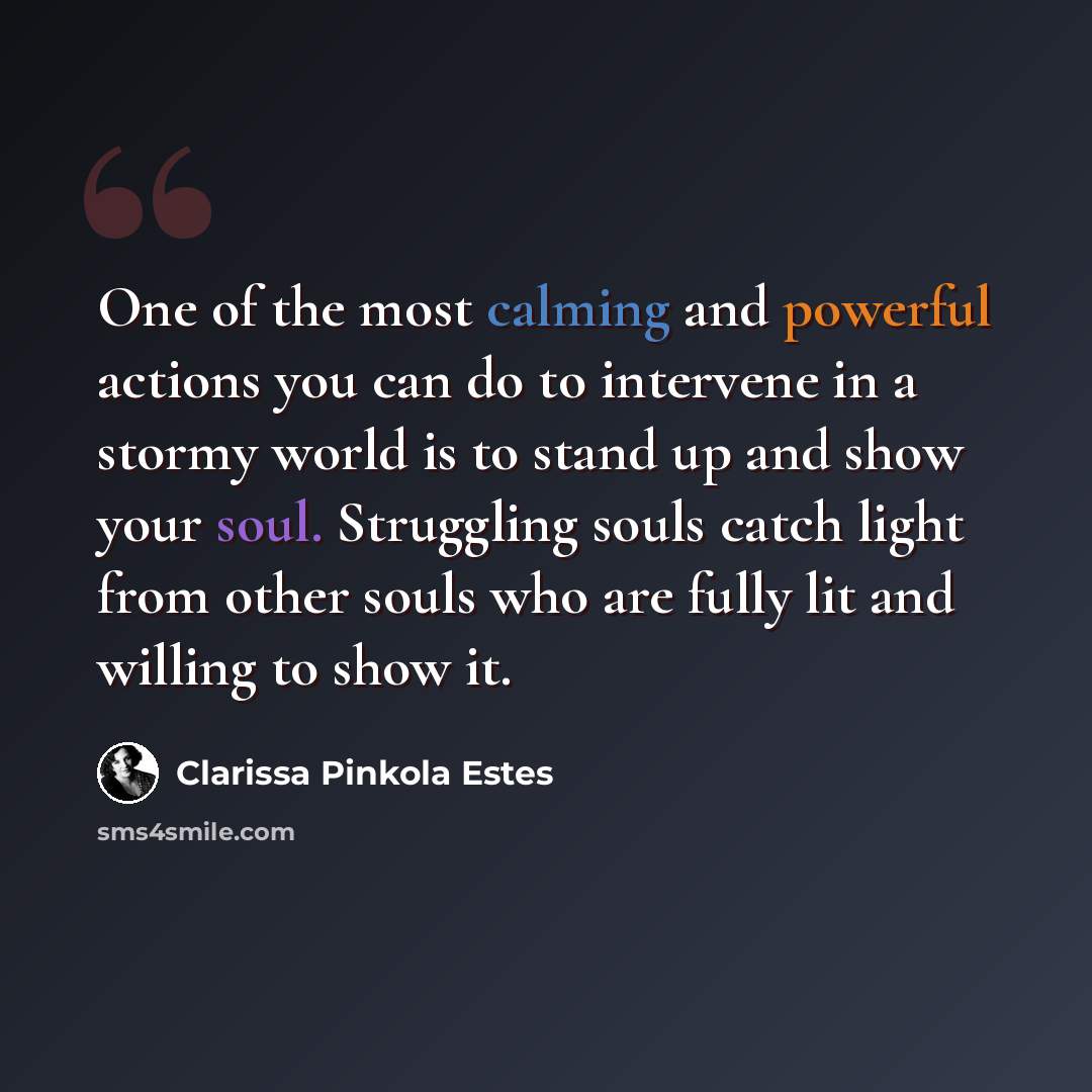 “One of the most calming and powerful actions you can do to intervene in a stormy world is to stand up and show your soul. Struggling souls catch light from other souls who are fully lit and willing to show it.” quote by Clarissa Pinkola Estes