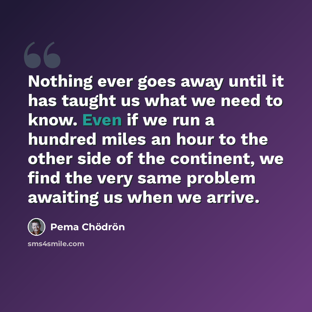 “Nothing ever goes away until it has taught us what we need to know. Even if we run a hundred miles an hour to the other side of the continent, we find the very same problem awaiting us when we arrive.” quote by Pema Chodron