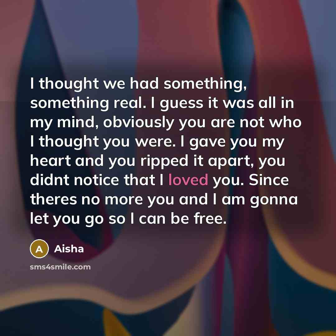 “I thought we had something, something real. I guess it was all in my mind, obviously you are not who I thought you were. I gave you my heart and you ripped it apart, you didnt notice that I loved you. Since theres no more you and I am gonna let you go so I can be free.” quote by Aisha
