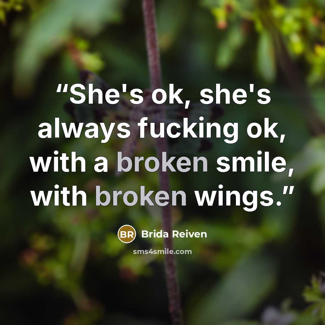 “She's ok, she's always fucking ok, with a broken smile, with broken wings.” quote by Brida Reiven