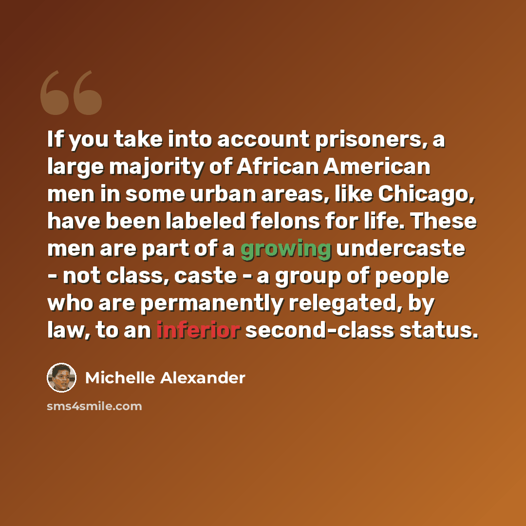 “If you take into account prisoners, a large majority of African American men in some urban areas, like Chicago, have been labeled felons for life. These men are part of a growing undercaste - not class, caste - a group of people who are permanently relegated, by law, to an inferior second-class…” quote by Michelle Alexander