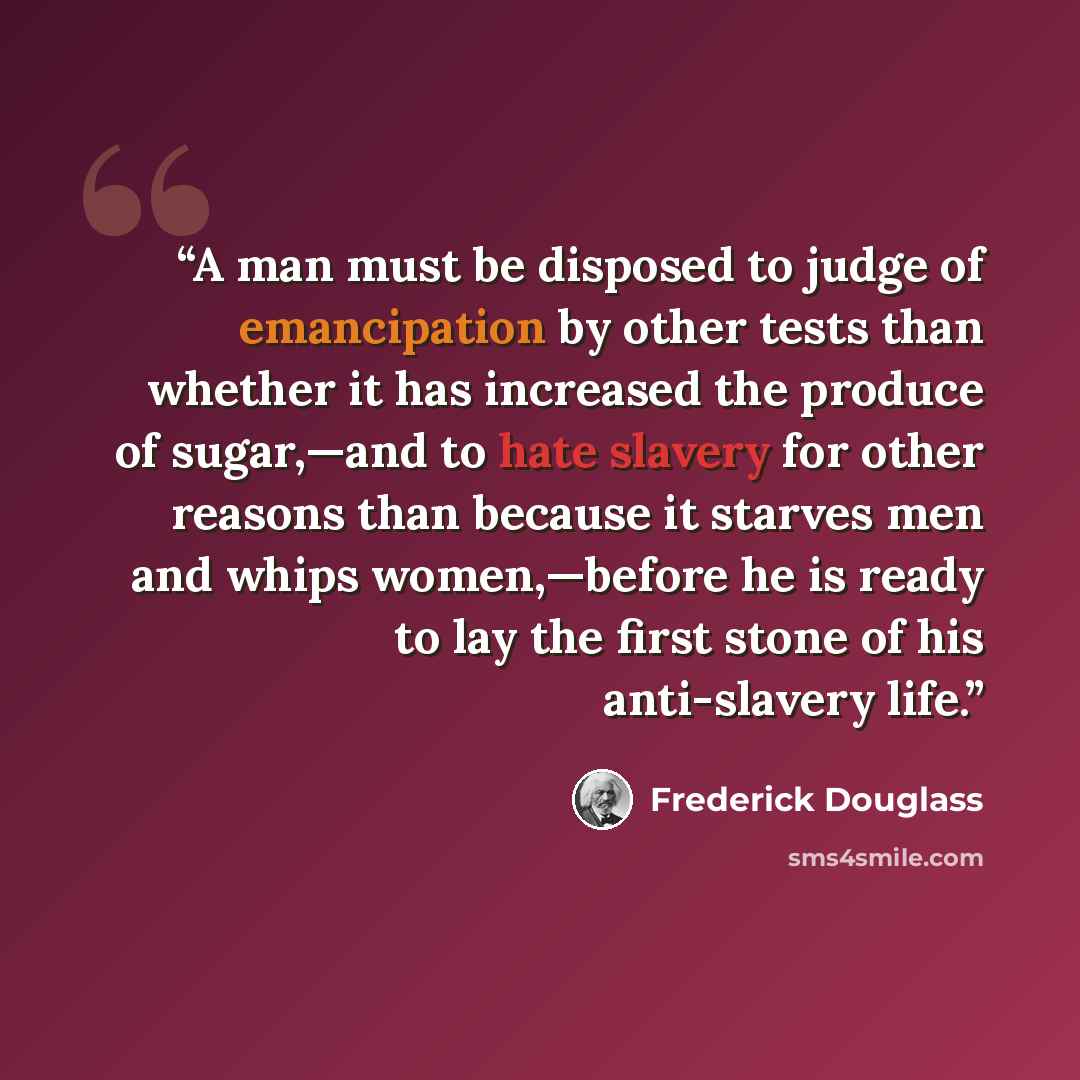 “A man must be disposed to judge of emancipation by other tests than whether it has increased the produce of sugar,—and to hate slavery for other reasons than because it starves men and whips women,—before he is ready to lay the first stone of his anti-slavery life.” quote by Frederick Douglass