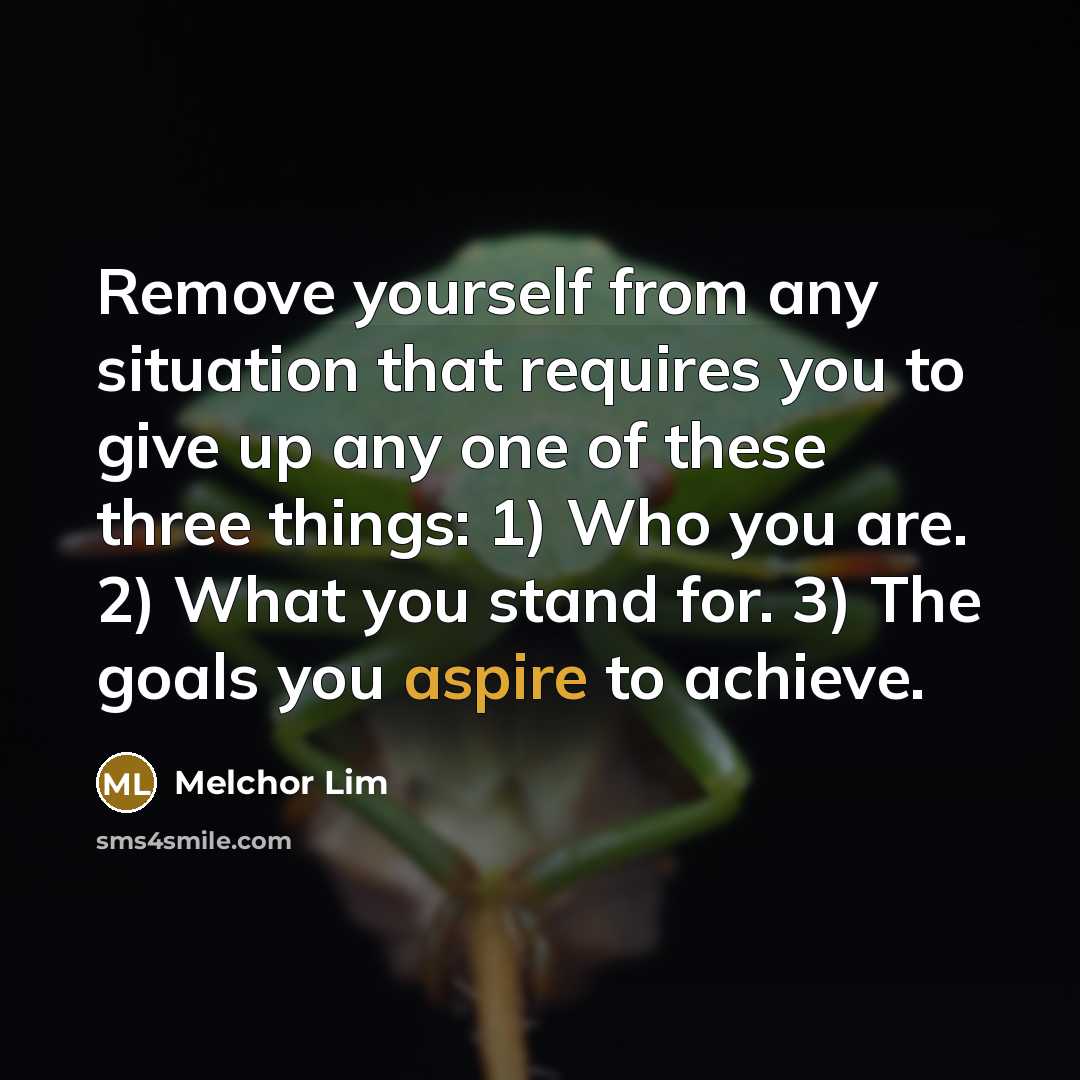 “Remove yourself from any situation that requires you to give up any one of these three things: 1) Who you are. 2) What you stand for. 3) The goals you aspire to achieve.” quote by Melchor Lim