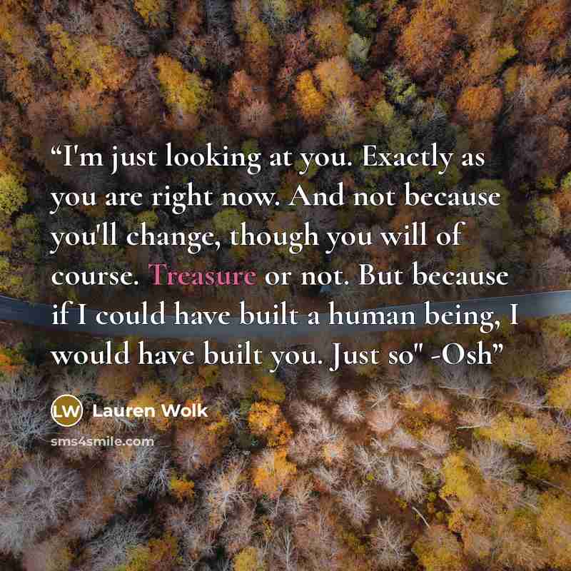 “I'm just looking at you. Exactly as you are right now. And not because you'll change, though you will of course. Treasure or not. But because if I could have built a human being, I would have built you. Just so" -Osh” quote by Lauren Wolk