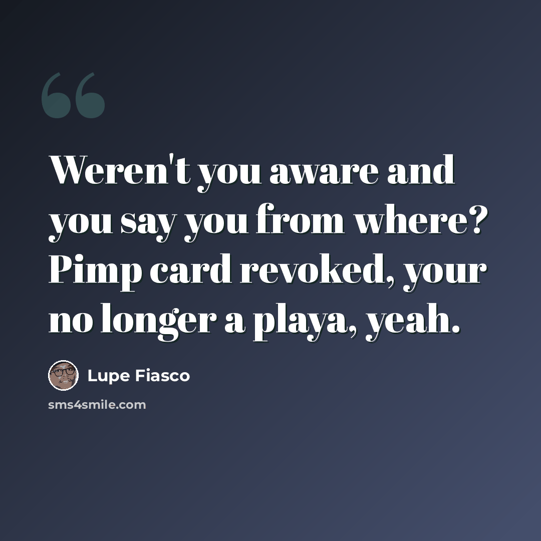 “Weren't you aware and you say you from where? Pimp card revoked, your no longer a playa, yeah.” quote by Lupe Fiasco