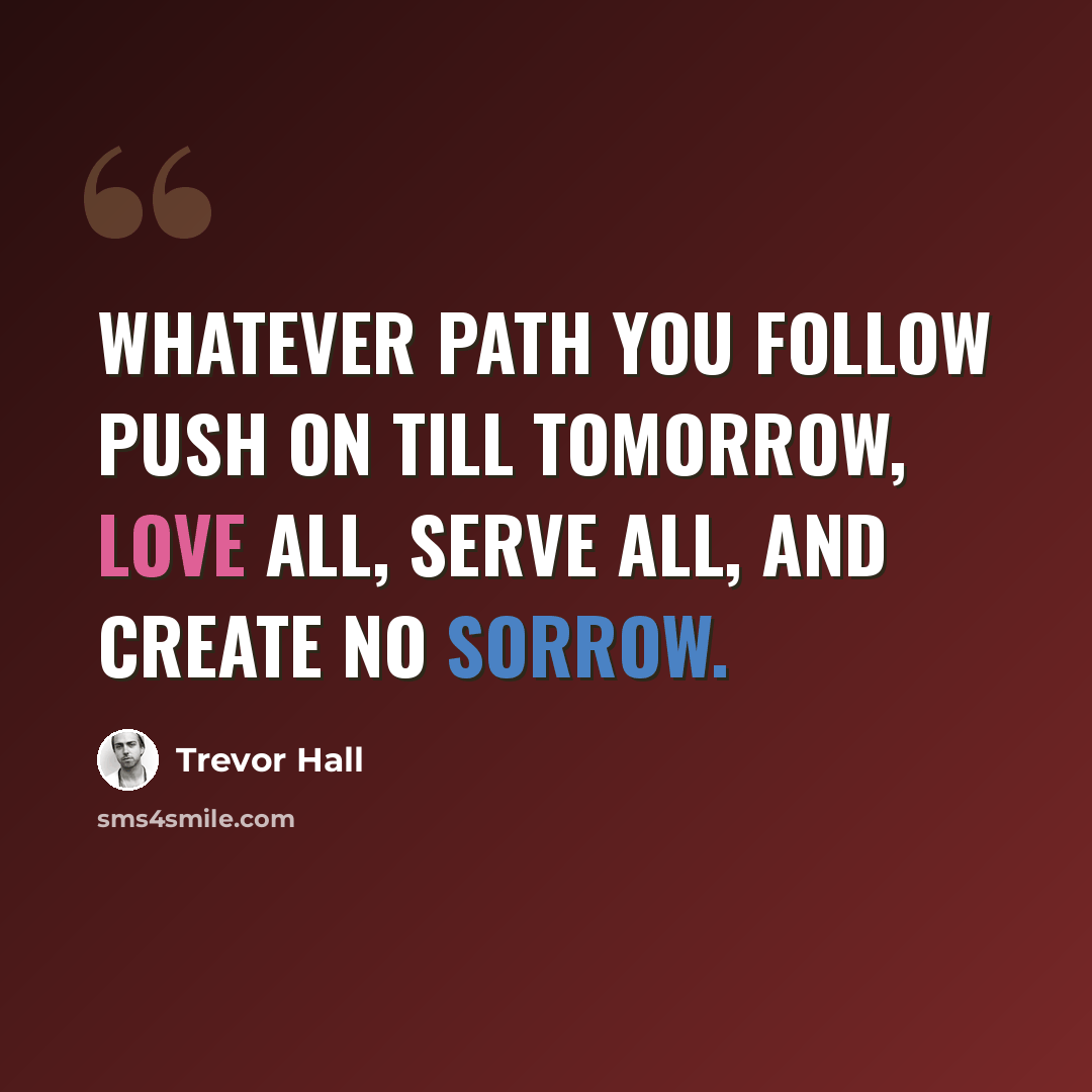 “Whatever path you follow push on till tomorrow, Love all, Serve all, and Create no sorrow.” quote by Trevor Hall