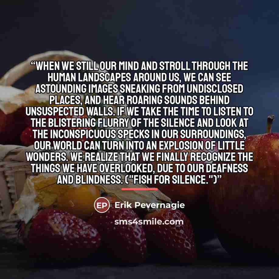 “When we still our mind and stroll through the human landscapes around us, we can see astounding images sneaking from undisclosed places, and hear roaring sounds behind unsuspected walls. If we take the time to listen to the blistering flurry of the silence and look at the inconspicuous specks in…” quote by Erik Pevernagie