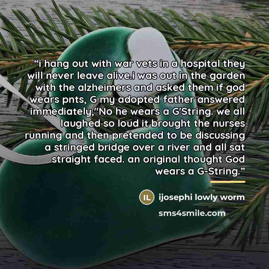 “i hang out with war vets in a hospital they will never leave alive.i was out in the garden with the alzheimers and asked them if god wears pnts, G my adopted father answered immediately,"No he wears a G'String. we all laughed so loud it brought the nurses running and then pretended to be…” quote by ijosephi lowly worm