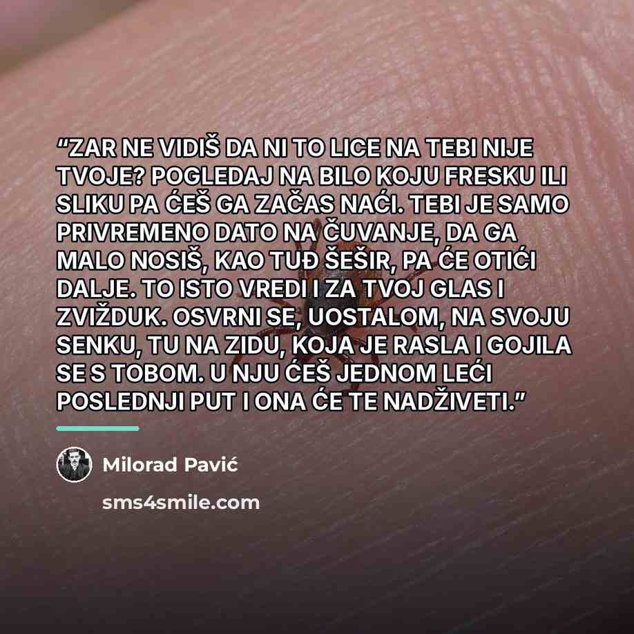 “ZAR NE VIDIŠ DA NI TO LICE NA TEBI NIJE TVOJE? POGLEDAJ NA BILO KOJU FRESKU ILI SLIKU PA ĆEŠ GA ZAČAS NAĆI. TEBI JE SAMO PRIVREMENO DATO NA ČUVANJE, DA GA MALO NOSIŠ, KAO TUĐ ŠEŠIR, PA ĆE OTIĆI DALJE. TO ISTO VREDI I ZA TVOJ GLAS I ZVIŽDUK. OSVRNI SE, UOSTALOM, NA SVOJU SENKU, TU NA ZIDU, KOJA JE…” quote by Milorad Pavić