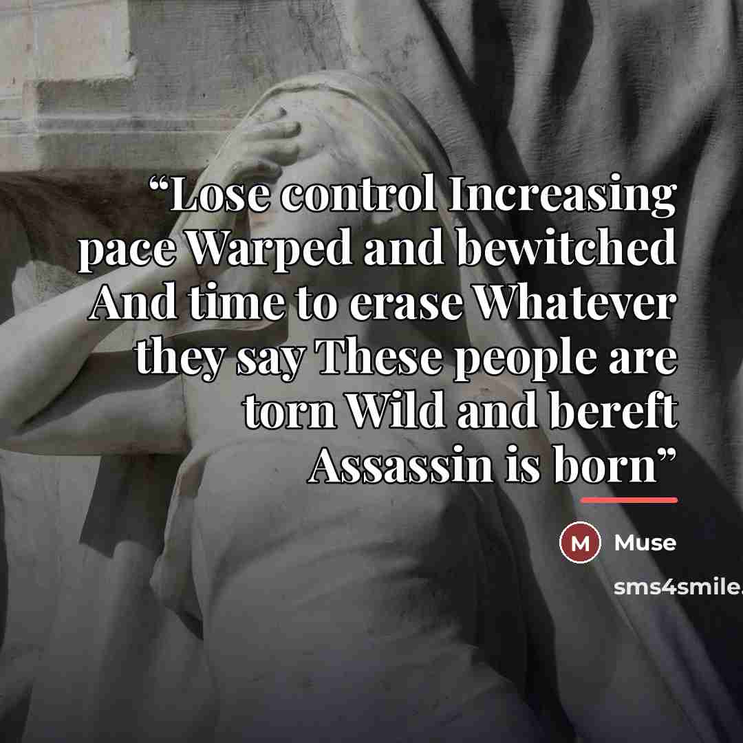 “Lose control Increasing pace Warped and bewitched And time to erase Whatever they say These people are torn Wild and bereft Assassin is born” quote by Muse
