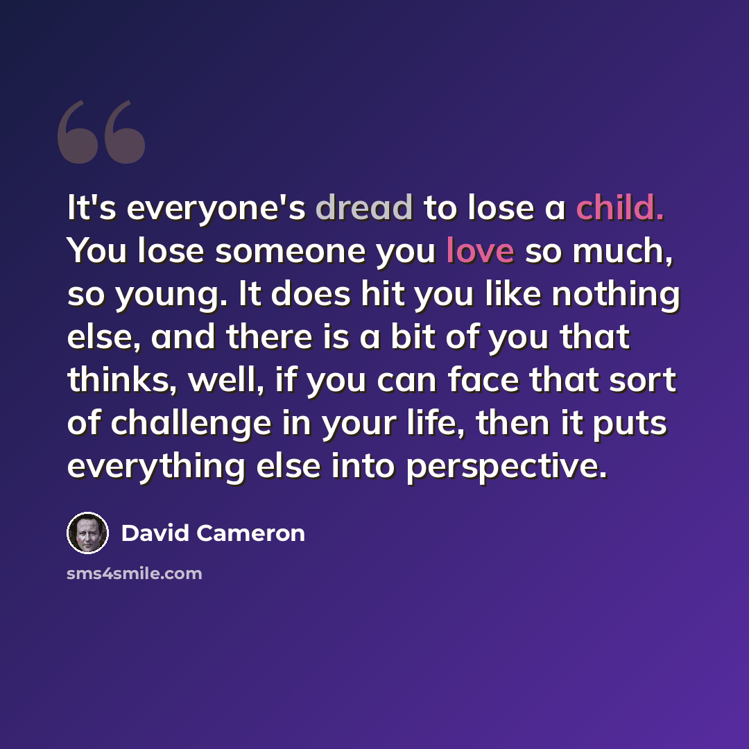 “It's everyone's dread to lose a child. You lose someone you love so much, so young. It does hit you like nothing else, and there is a bit of you that thinks, well, if you can face that sort of challenge in your life, then it puts everything else into perspective.” quote by David Cameron