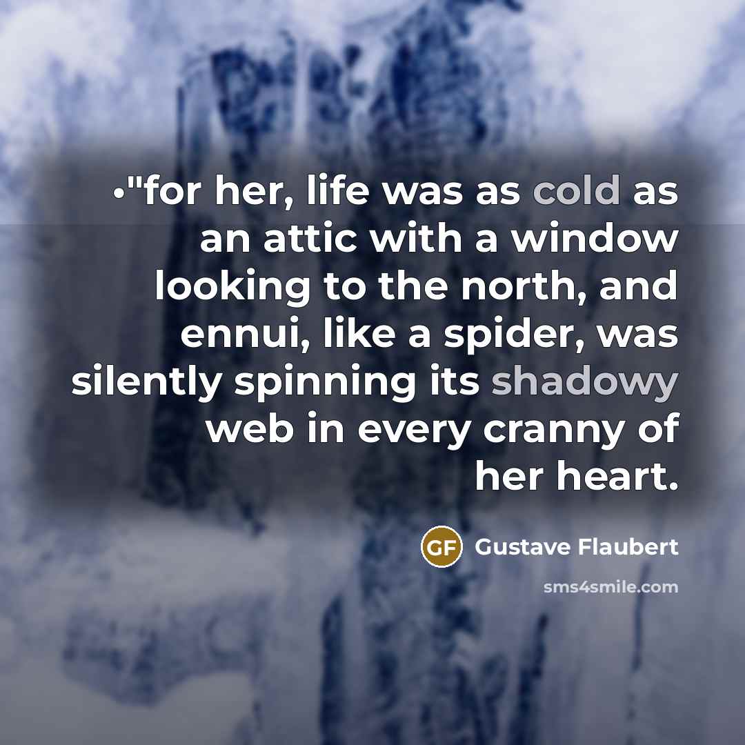“•"for her, life was as cold as an attic with a window looking to the north, and ennui, like a spider, was silently spinning its shadowy web in every cranny of her heart.” quote by Gustave Flaubert