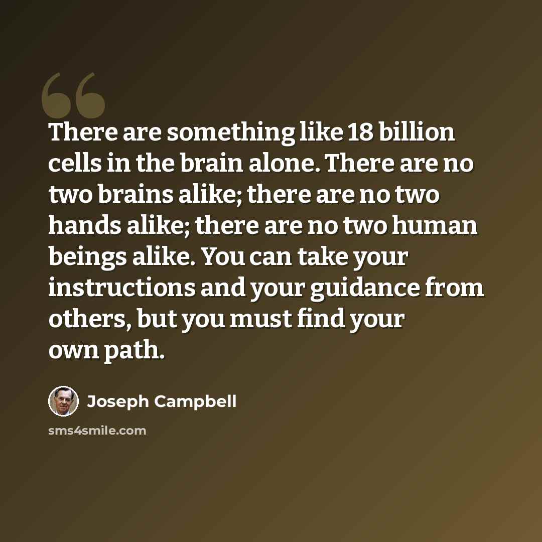 “There are something like 18 billion cells in the brain alone. There are no two brains alike; there are no two hands alike; there are no two human beings alike. You can take your instructions and your guidance from others, but you must find your own path.” quote by Joseph Campbell