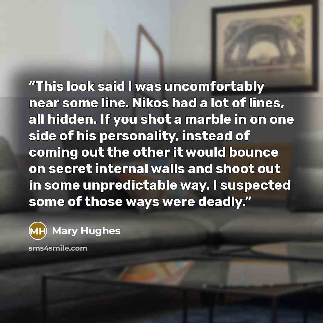 “This look said I was uncomfortably near some line. Nikos had a lot of lines, all hidden. If you shot a marble in on one side of his personality, instead of coming out the other it would bounce on secret internal walls and shoot out in some unpredictable way. I suspected some of those ways were…” quote by Mary Hughes