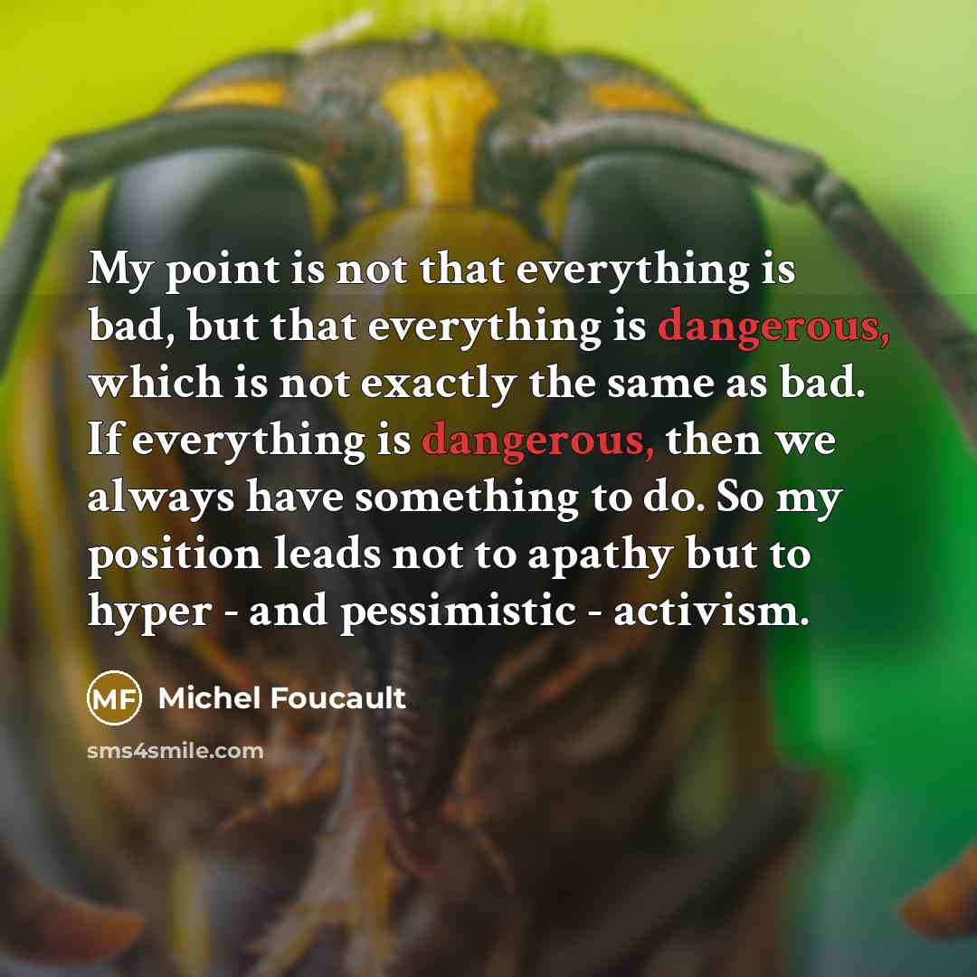 “My point is not that everything is bad, but that everything is dangerous, which is not exactly the same as bad. If everything is dangerous, then we always have something to do. So my position leads not to apathy but to hyper - and pessimistic - activism.” quote by Michel Foucault