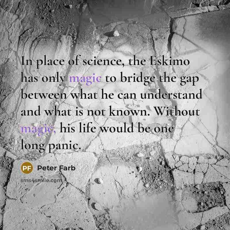 “In place of science, the Eskimo has only magic to bridge the gap between what he can understand and what is not known. Without magic, his life would be one long panic.” quote by Peter Farb