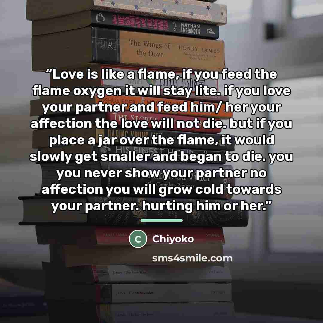 “Love is like a flame, if you feed the flame oxygen it will stay lite. if you love your partner and feed him/ her your affection the love will not die. but if you place a jar over the flame, it would slowly get smaller and began to die. you you never show your partner no affection you will grow…” quote by Chiyoko